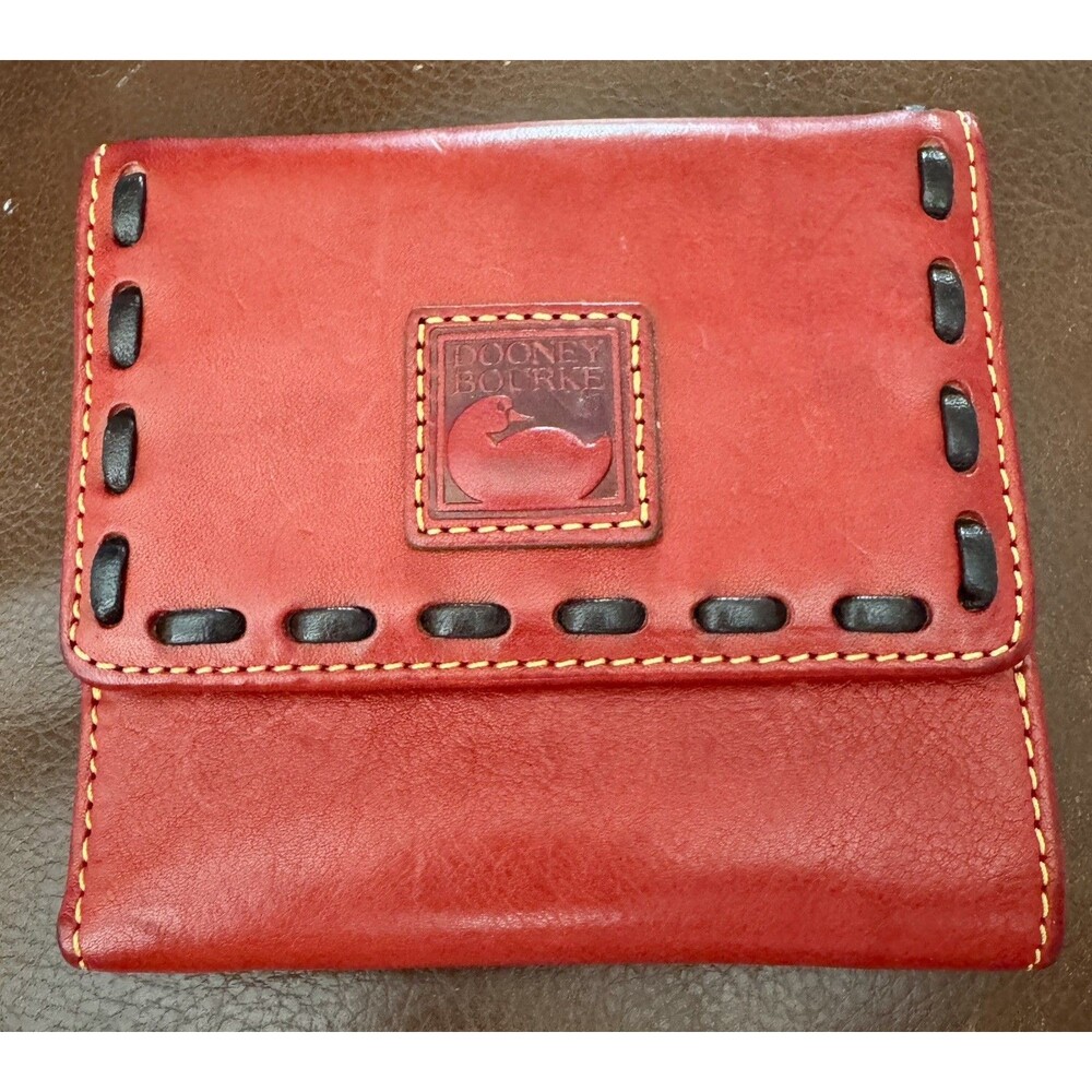 Dooney & Bourke Florentine Leather Trifold Wallet Red Whipstitch Organizer EUC